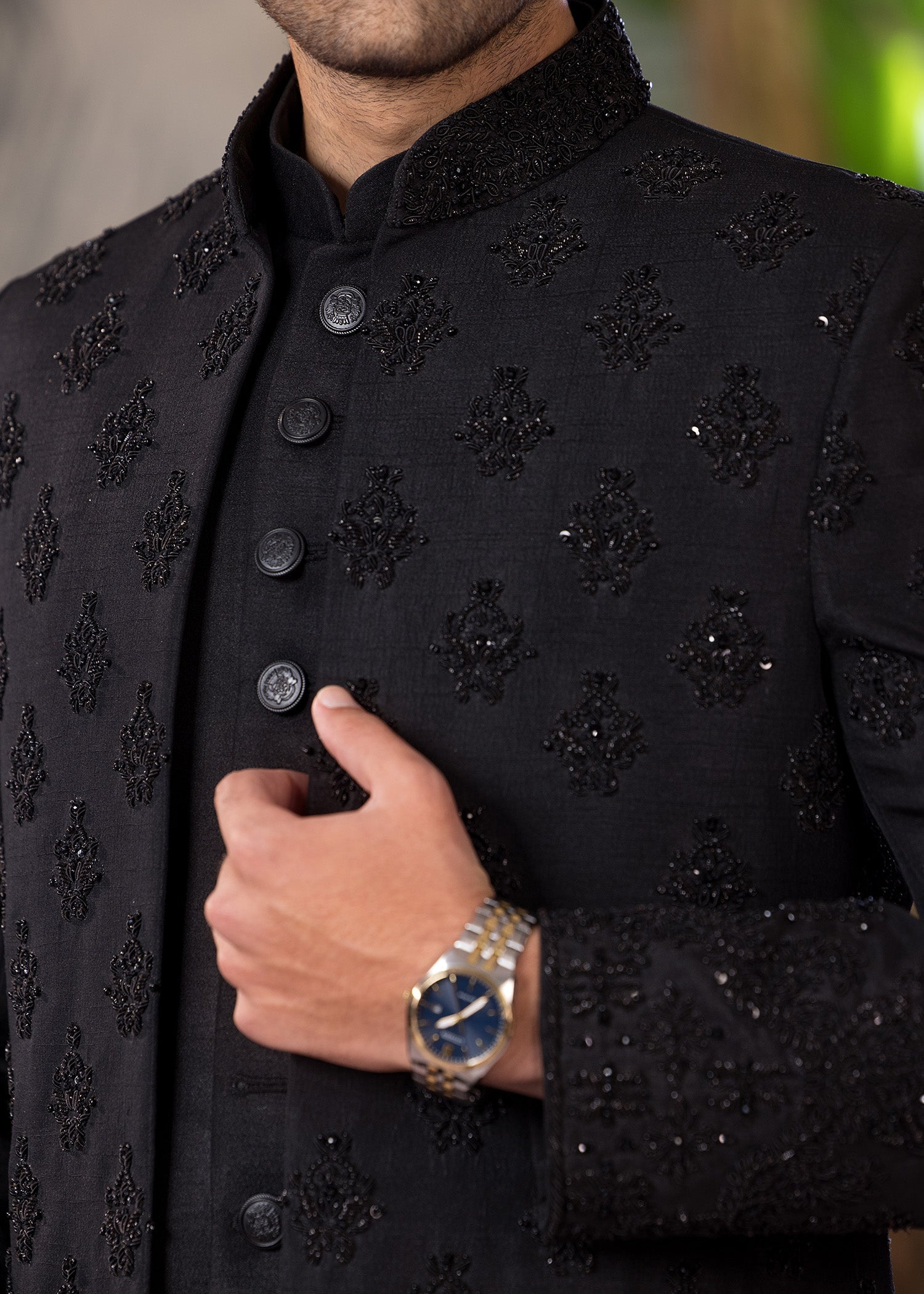 Black Hand-Embroidered Jamawar Sherwani (5-Piece) - Image 4