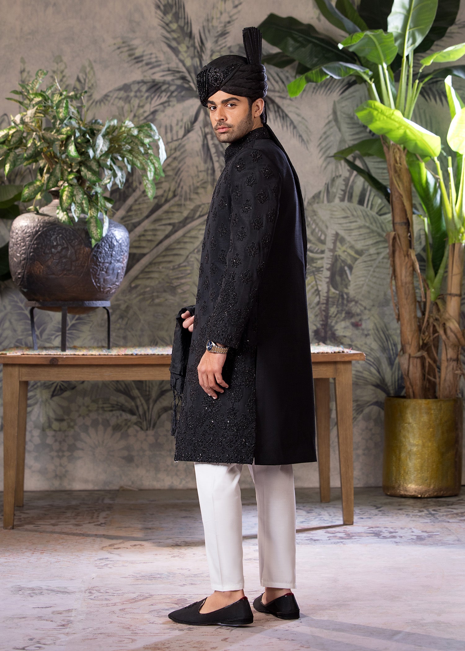 Black Hand-Embroidered Jamawar Sherwani (5-Piece) - Image 5