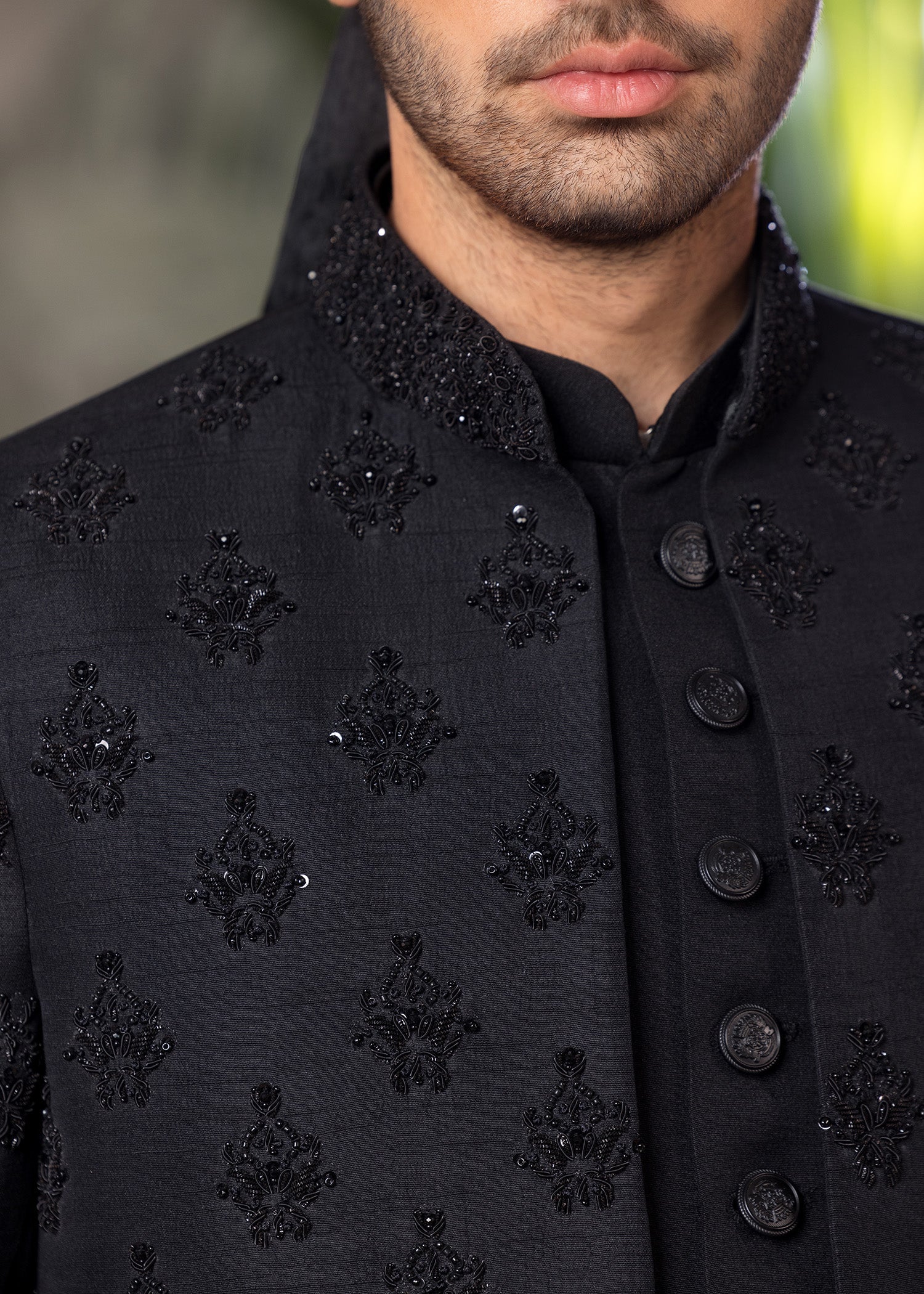 Black Hand-Embroidered Jamawar Sherwani (5-Piece) - Image 6