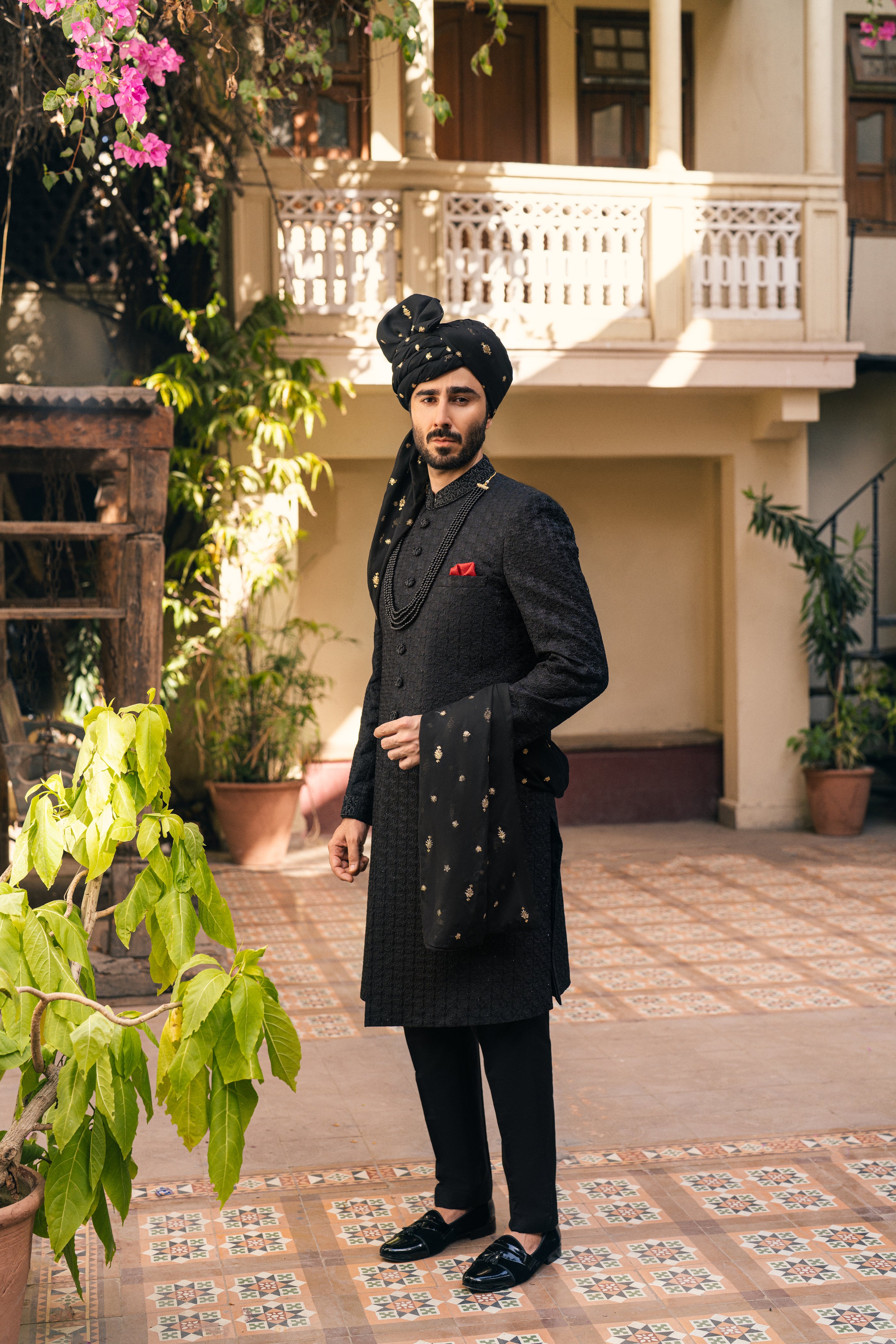 Black Self-Embroidered Silk Blend Sherwani (3-Piece) - Image 2