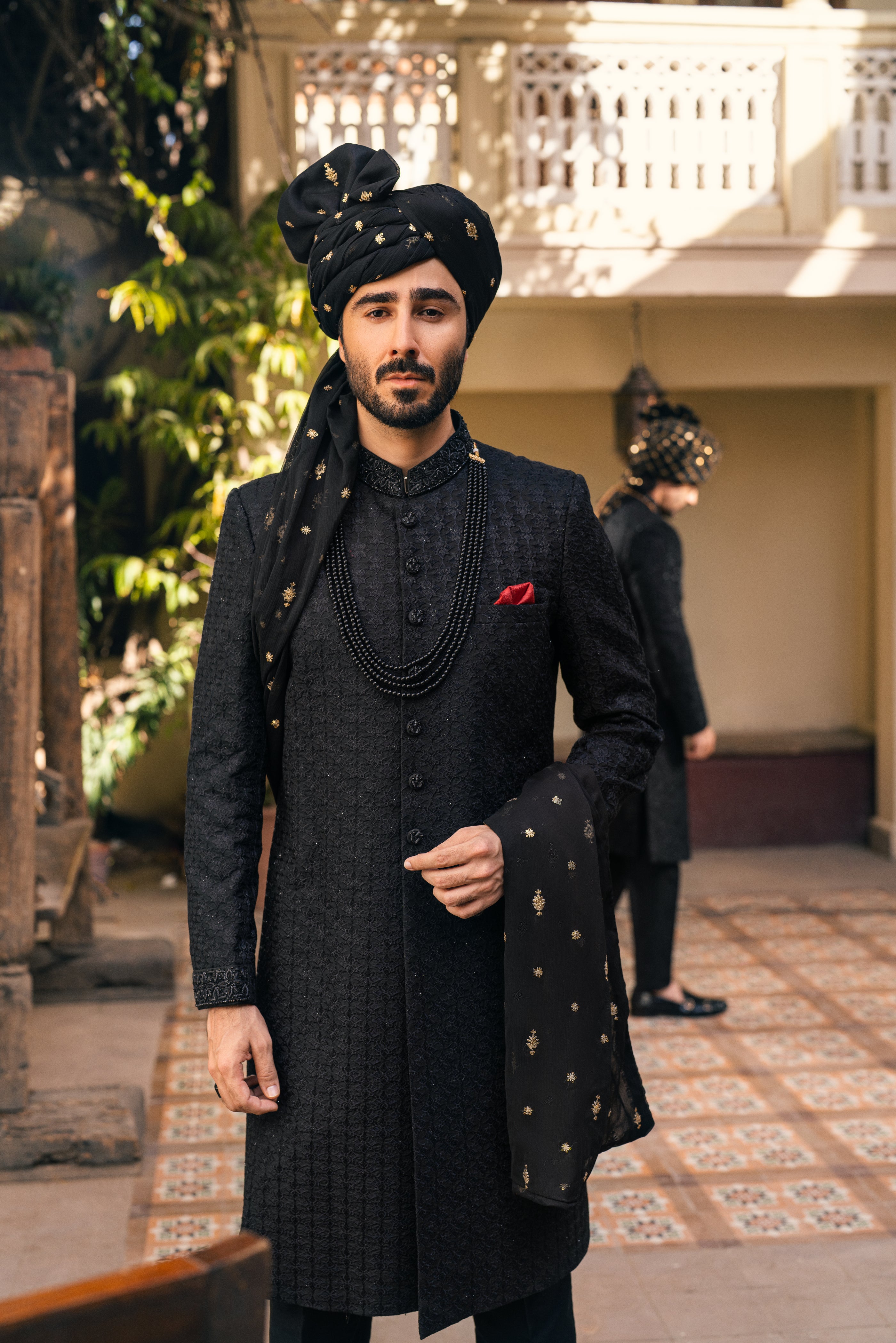 Black Self-Embroidered Silk Blend Sherwani (3-Piece) - Image 3