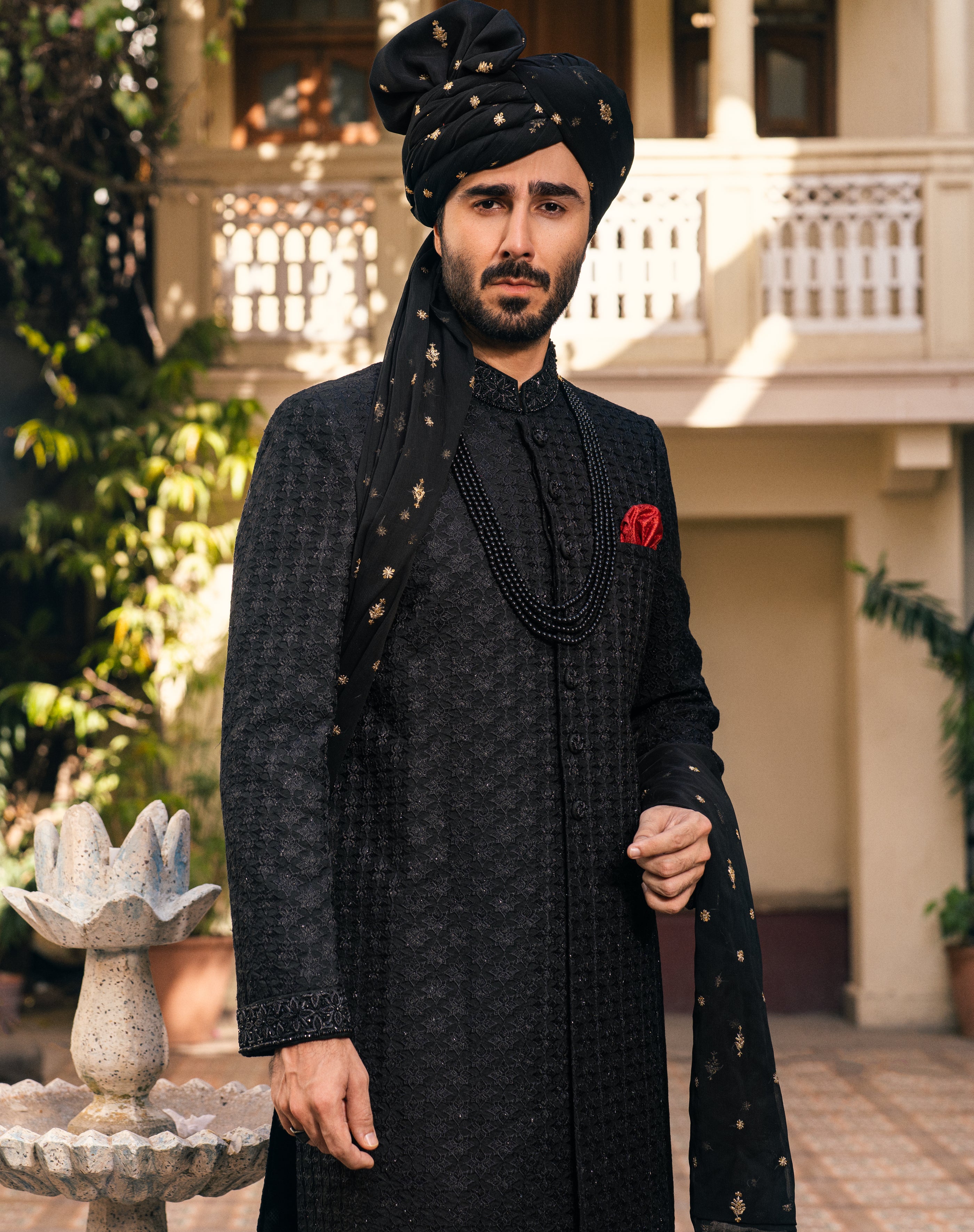Black Self-Embroidered Silk Blend Sherwani (3-Piece) - Image 4