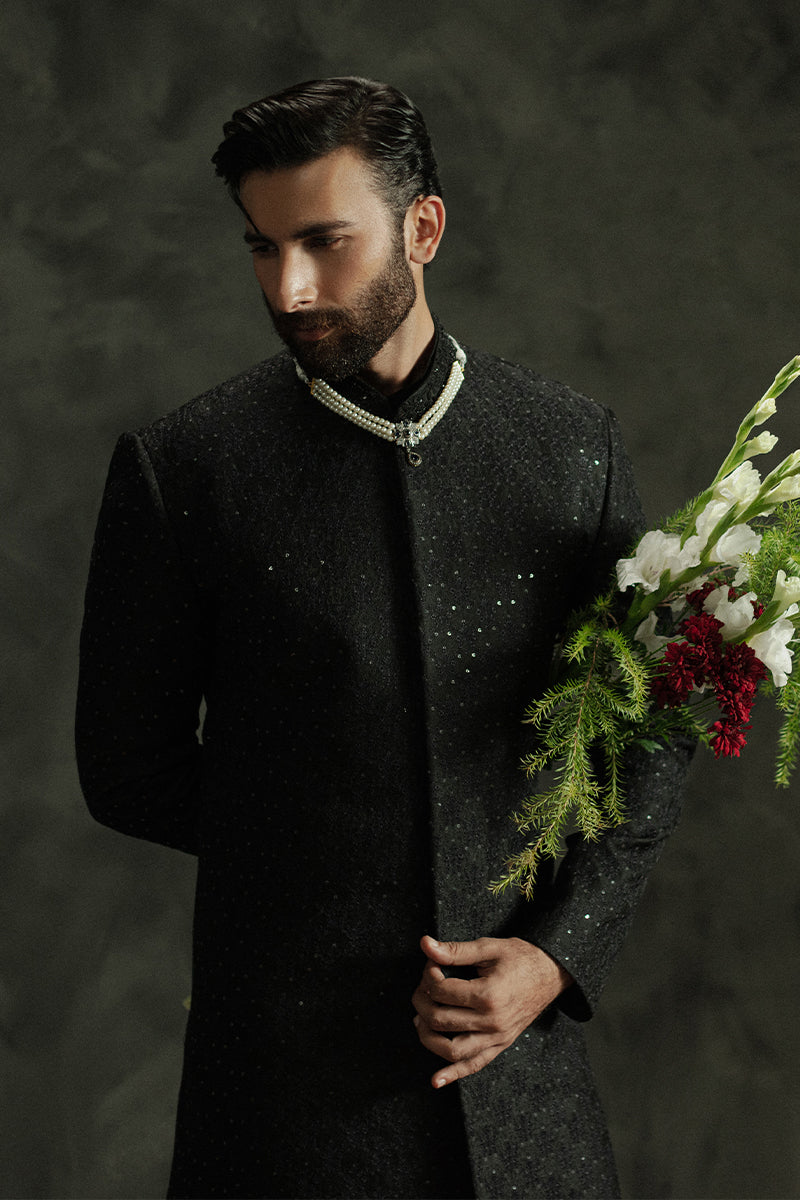 Black Sequin Jamawar Sherwani (2-Piece) - Image 1
