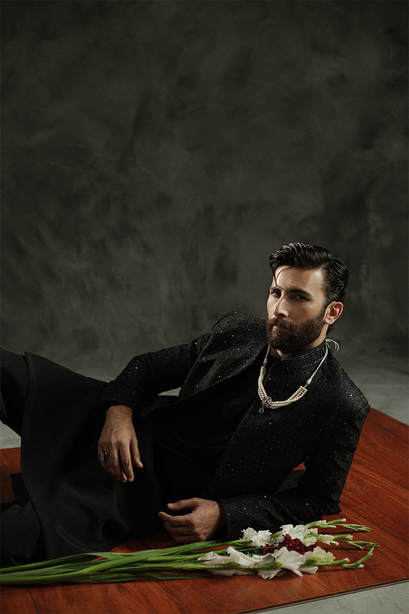 Black Sequin Jamawar Sherwani (2-Piece) - Image 3