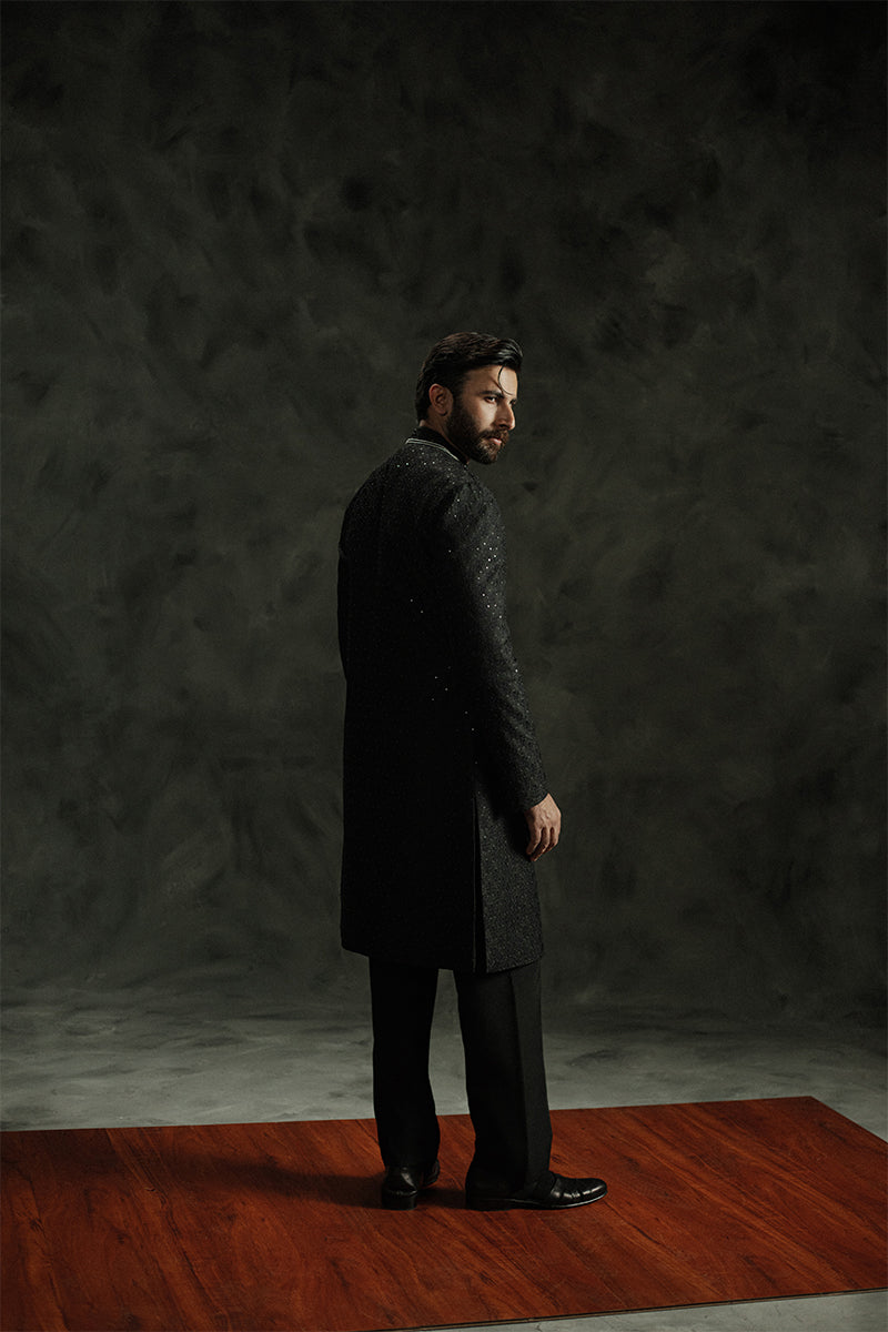 Black Sequin Jamawar Sherwani (2-Piece) - Image 5