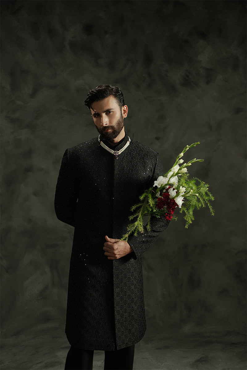 Black Sequin Jamawar Sherwani (2-Piece) - Image 6