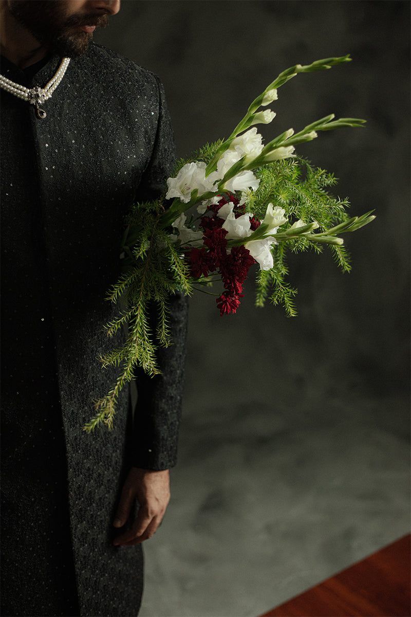 Black Sequin Jamawar Sherwani (2-Piece) - Image 7