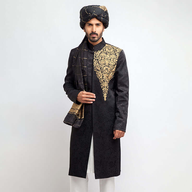 Jet Black Embroidered Pure Jamavar Silk Sherwani (3-Piece) - Image 1