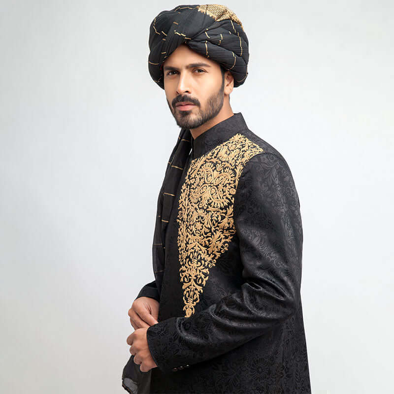 Jet Black Embroidered Pure Jamavar Silk Sherwani (3-Piece) - Image 2