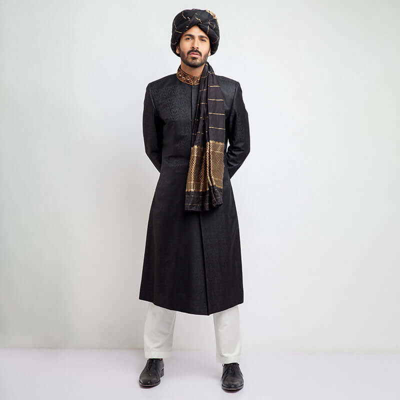 Jet Black Zardozi Pure Jamavar Silk Sherwani (3-Piece) - Image 1