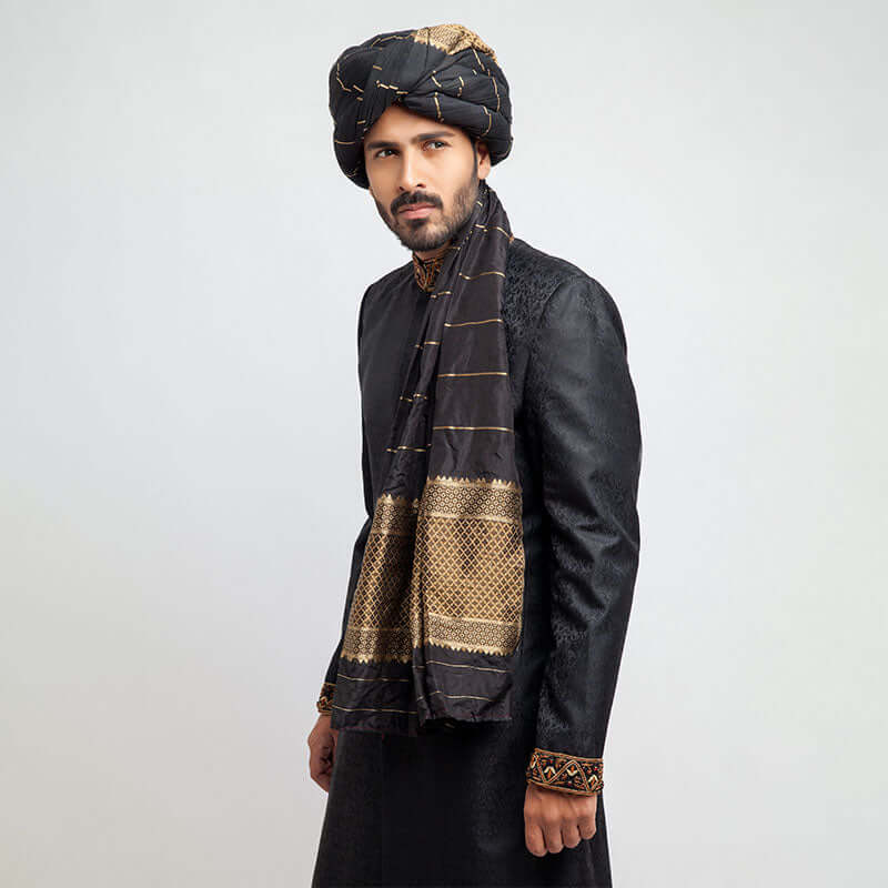 Jet Black Zardozi Pure Jamavar Silk Sherwani (3-Piece) - Image 2