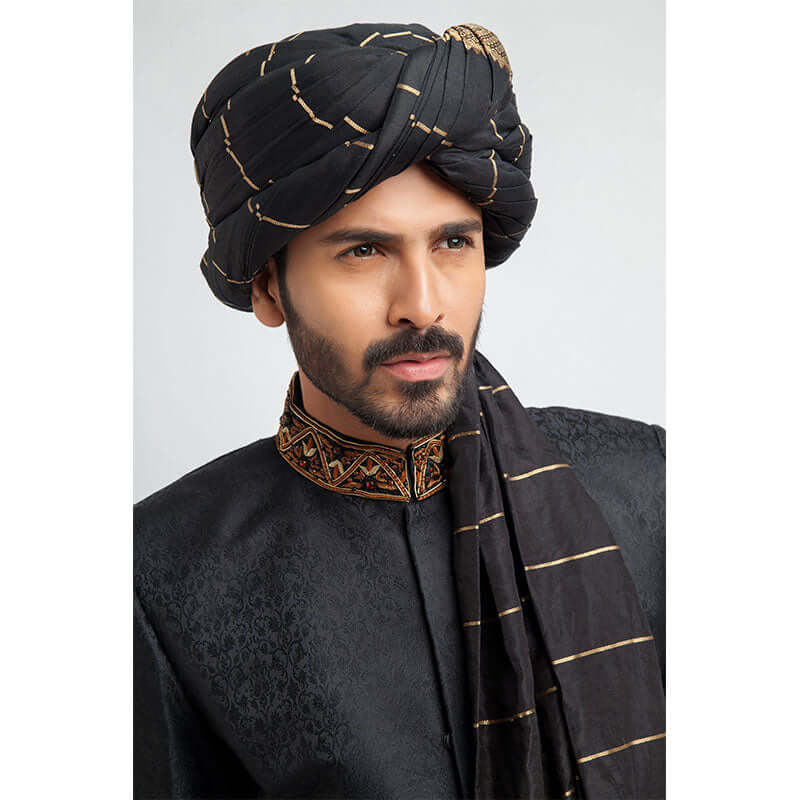 Jet Black Zardozi Pure Jamavar Silk Sherwani (3-Piece) - Image 3