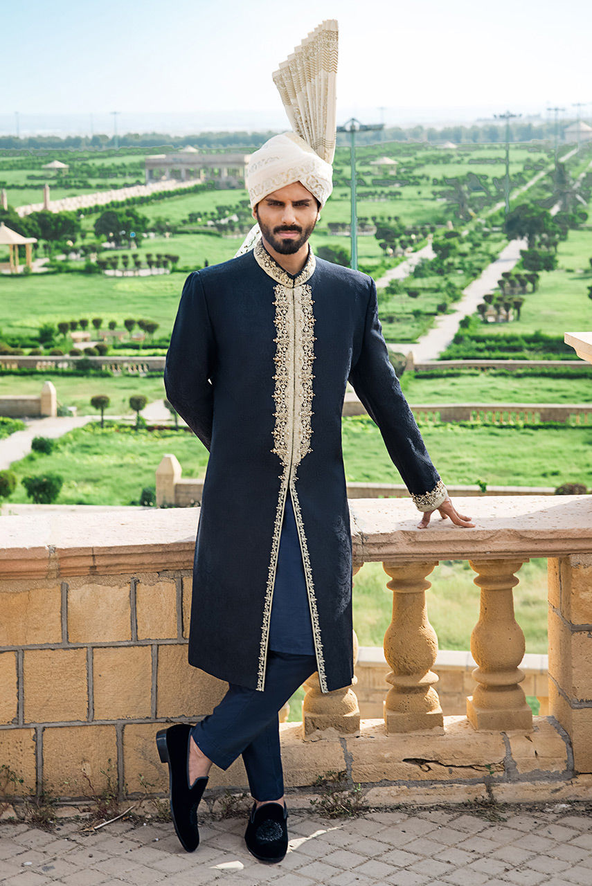 Black Hand Embroidered Jamawar Sherwani (3-Piece) - Image 1