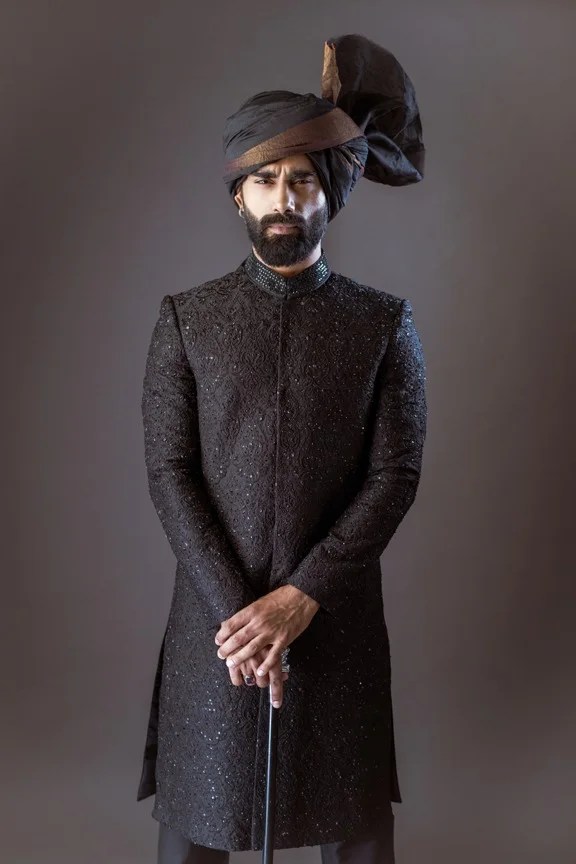 Black Embroidered Silk-Blend Sherwani (3-Piece) - Image 1