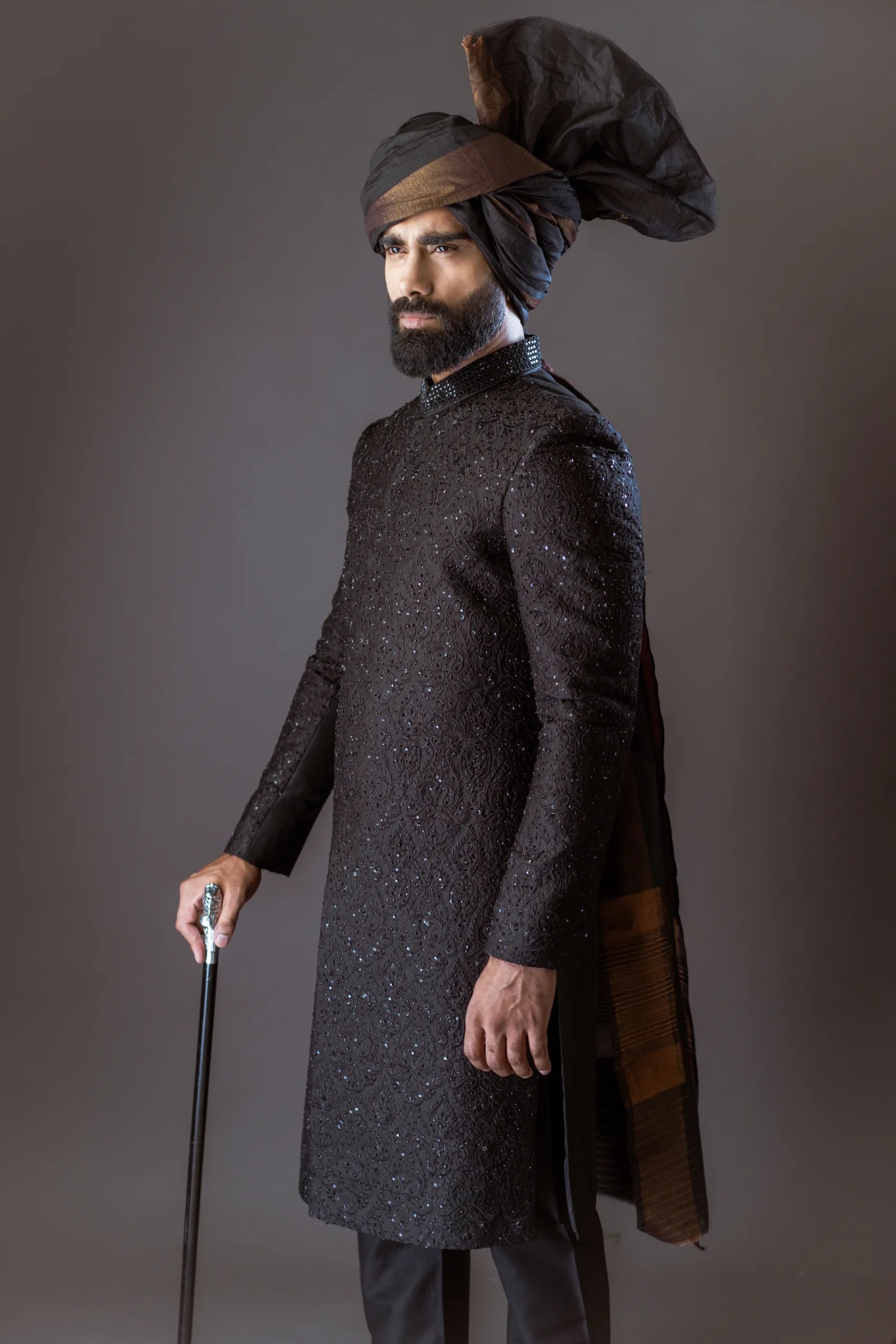 Black Embroidered Silk-Blend Sherwani (3-Piece) - Image 2