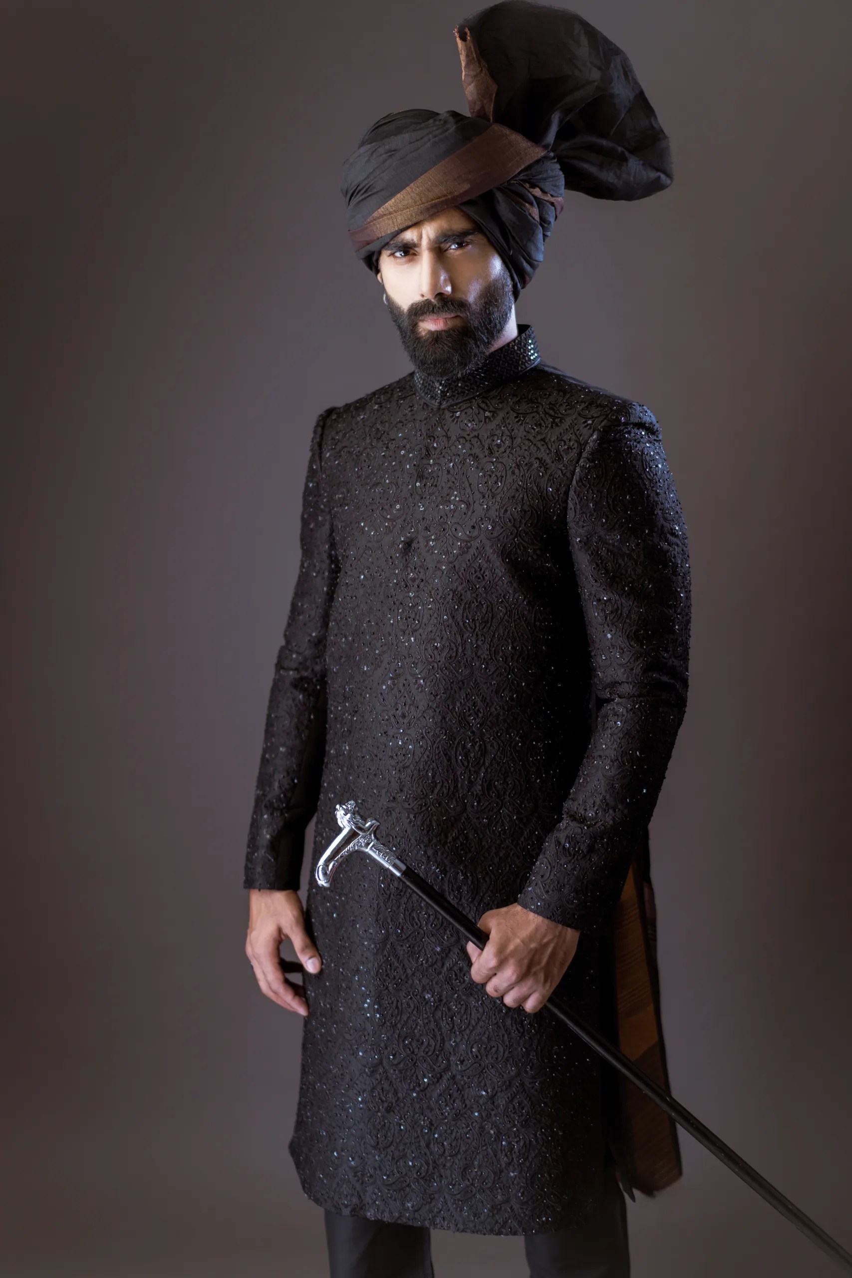 Black Embroidered Silk-Blend Sherwani (3-Piece) - Image 3