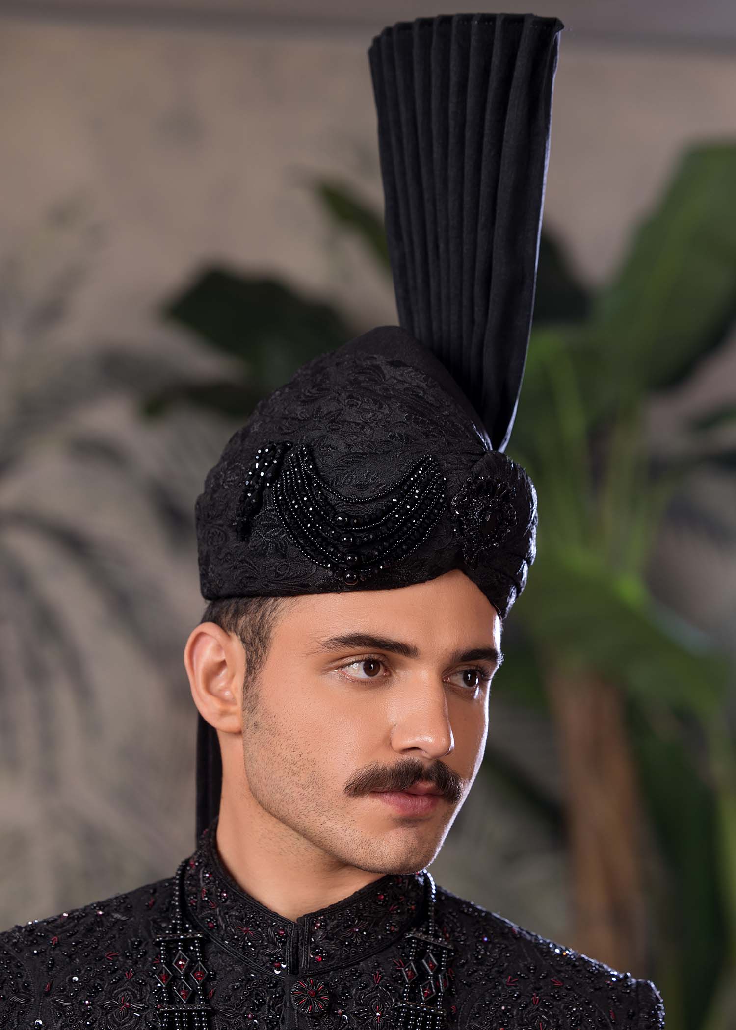 Black Embroidered Jamawar Sherwani Set (5-Piece) - Image 5