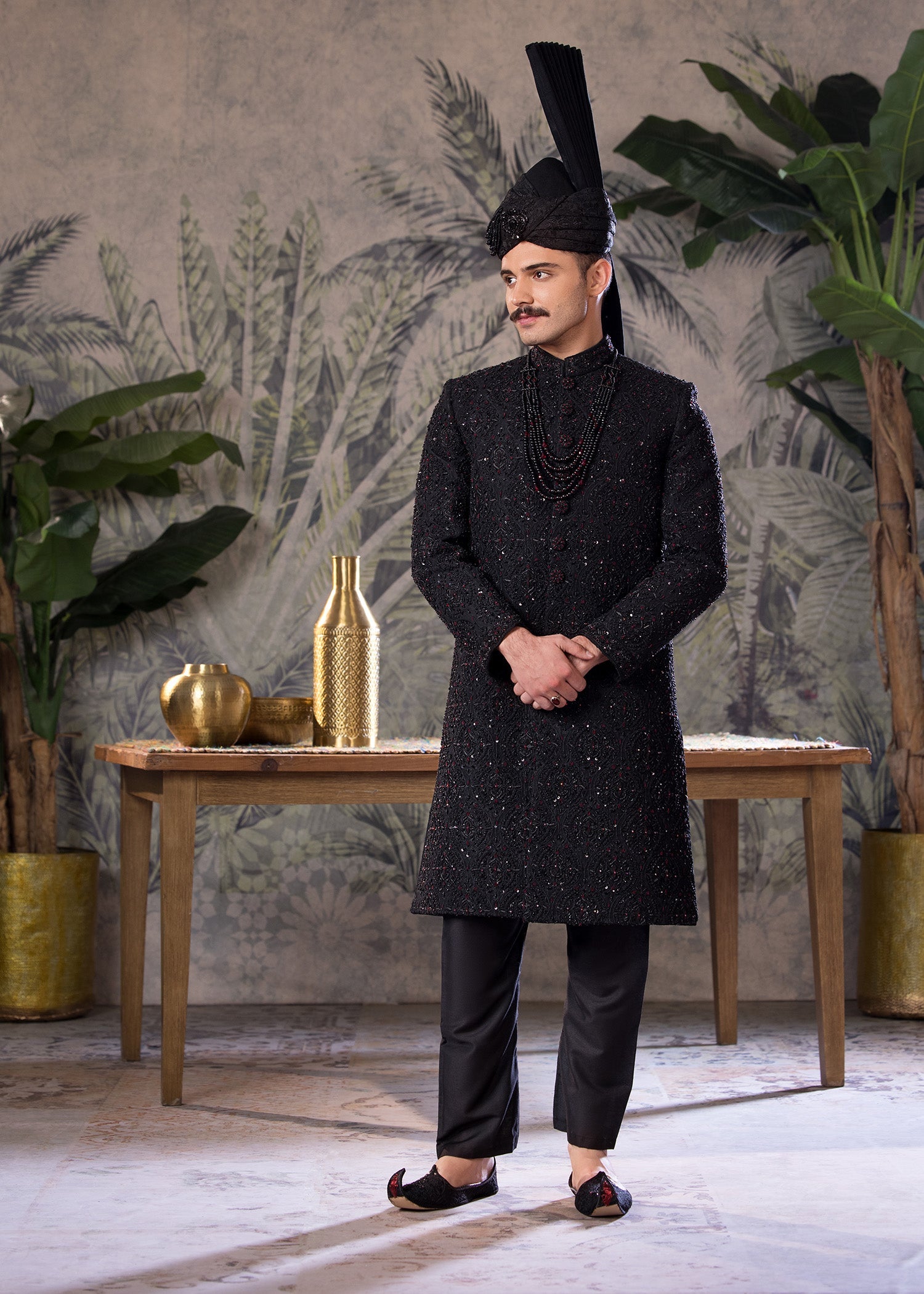 Black Embroidered Jamawar Groom Sherwani (5-Piece) - Image 1