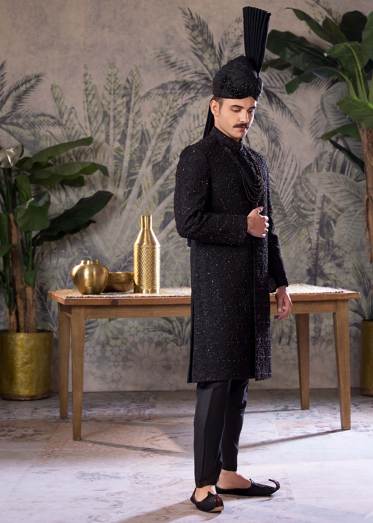Black Embroidered Jamawar Groom Sherwani (5-Piece) - Image 2