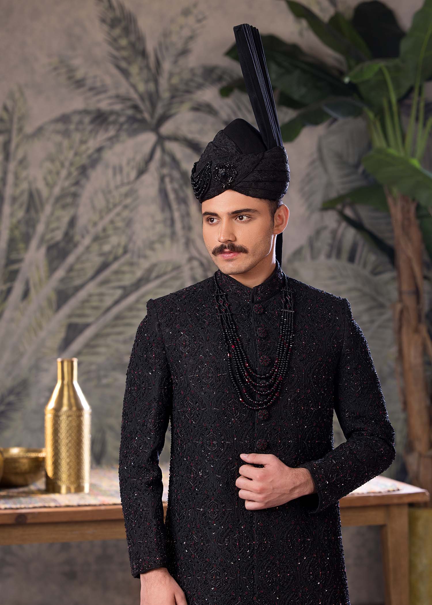 Black Embroidered Jamawar Groom Sherwani (5-Piece) - Image 3