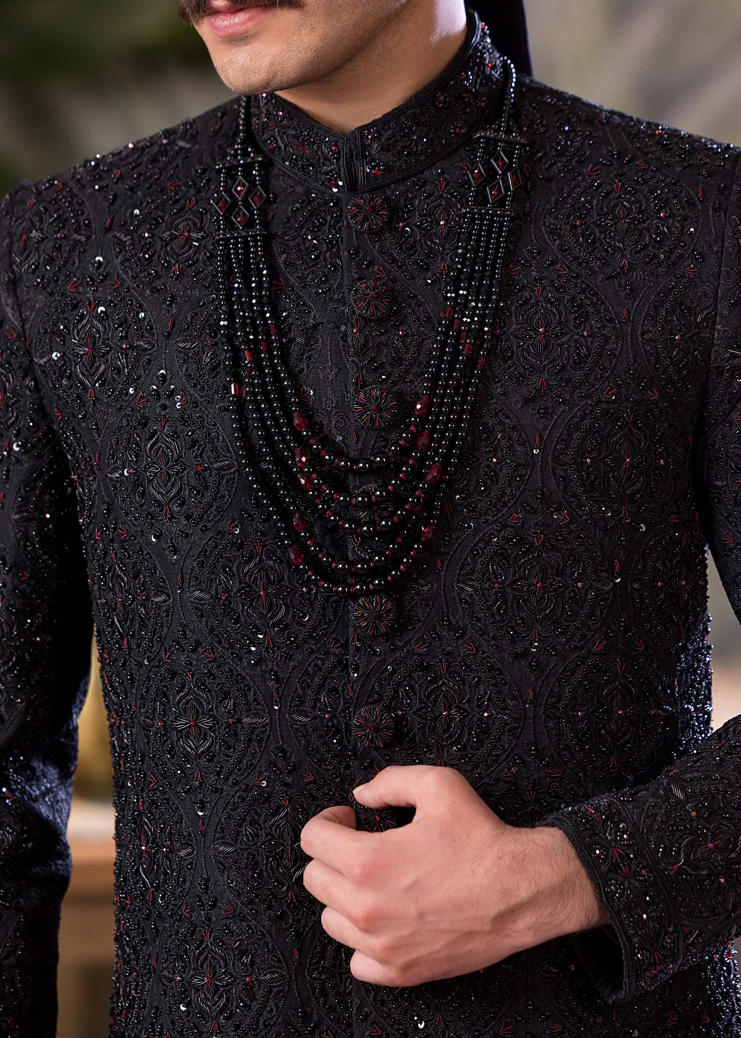 Black Embroidered Jamawar Groom Sherwani (5-Piece) - Image 4