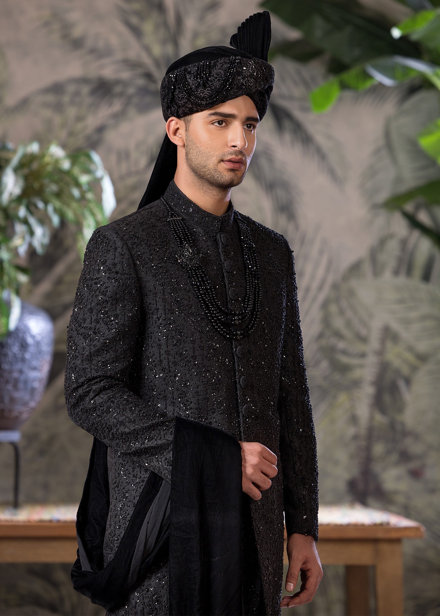 Black Jamawar Embroidered Sherwani (4-Piece) - Image 2
