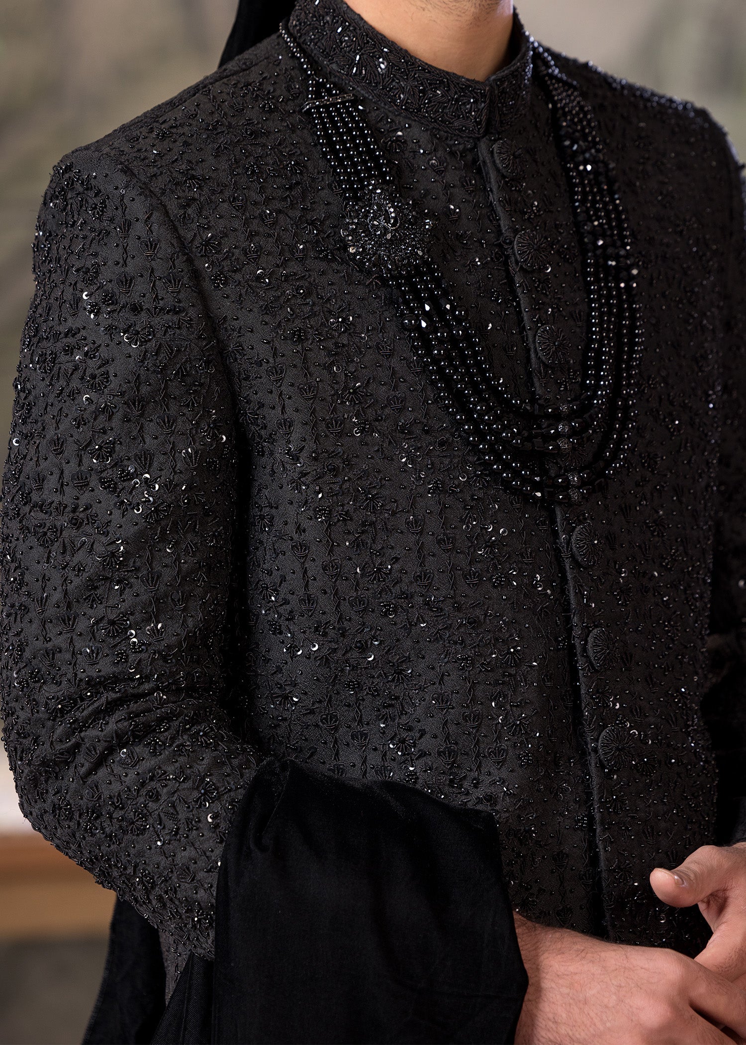 Black Jamawar Embroidered Sherwani (4-Piece) - Image 3