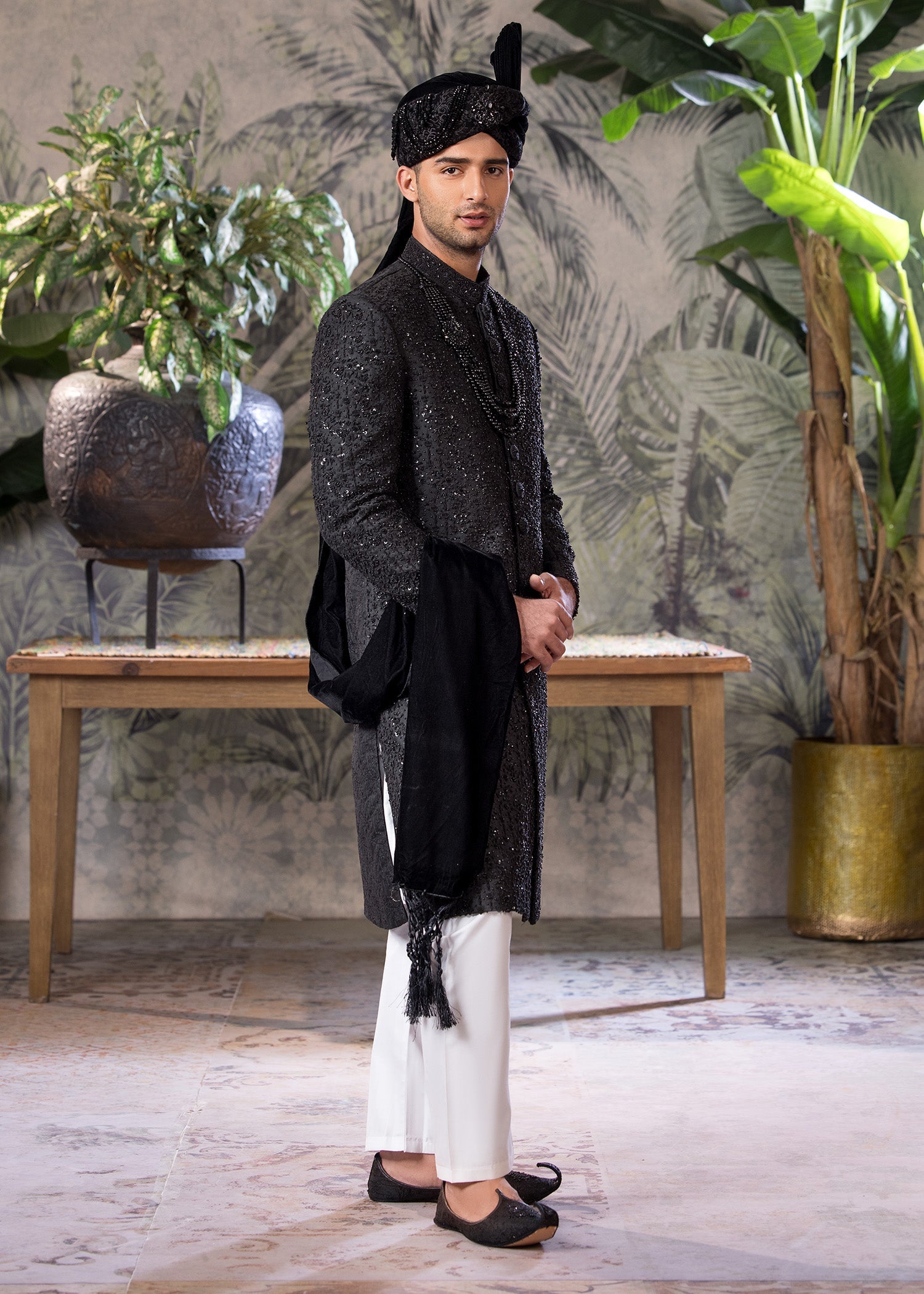 Black Jamawar Embroidered Sherwani (4-Piece) - Image 4