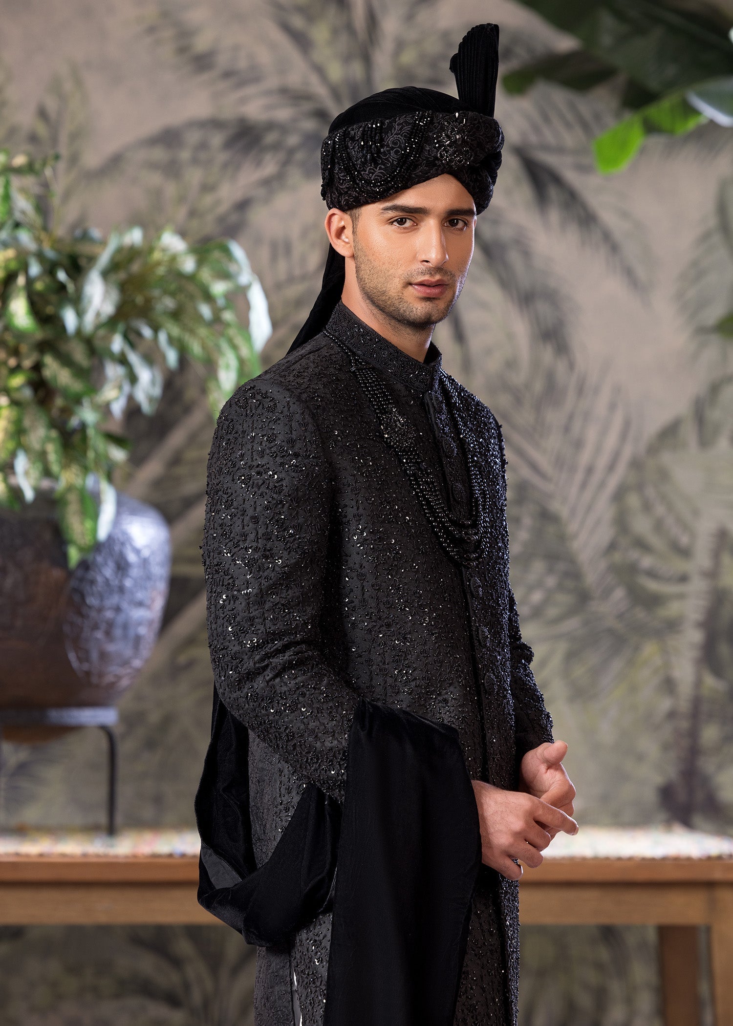 Black Jamawar Embroidered Sherwani (4-Piece) - Image 5
