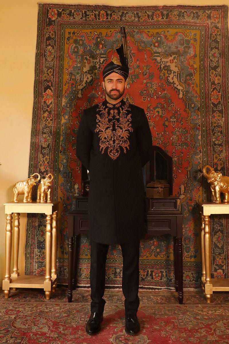 Black Zardozi Self-Silk Jamawar Sherwani (2-Piece) - Image 2