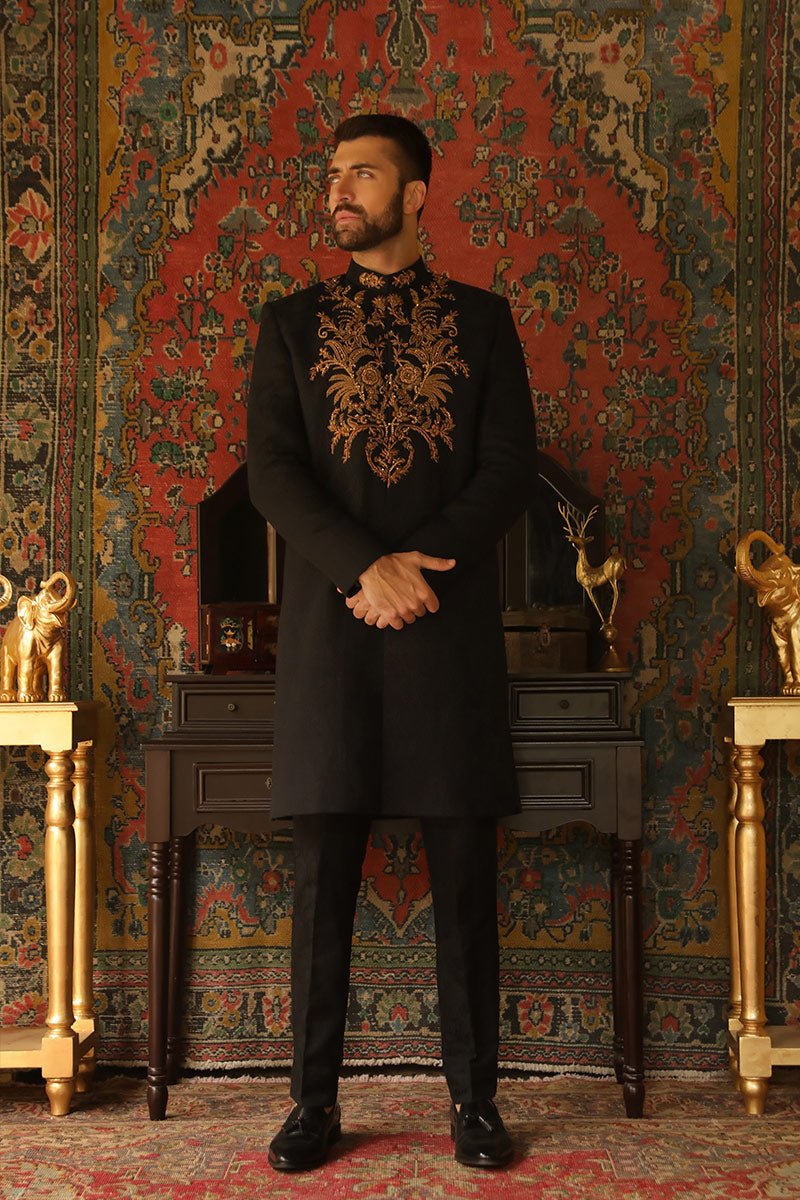 Black Zardozi Self-Silk Jamawar Sherwani (2-Piece) - Image 5