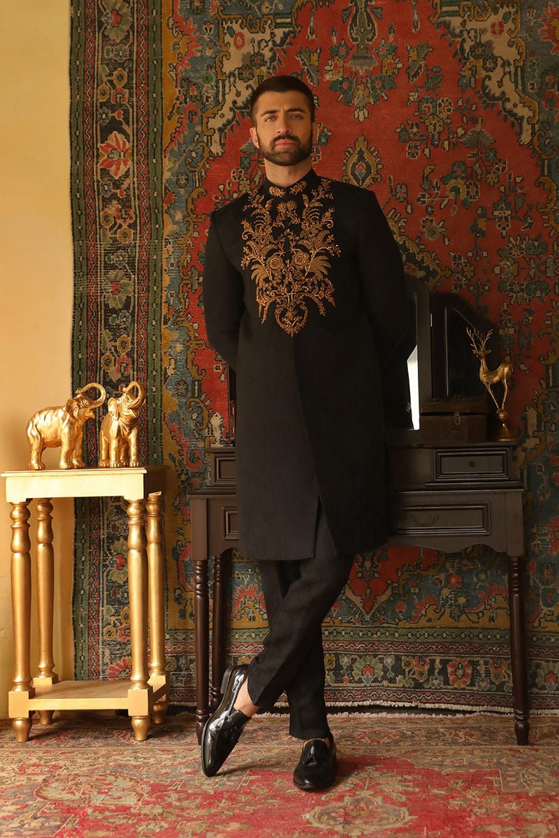 Black Zardozi Self-Silk Jamawar Sherwani (2-Piece) - Image 8