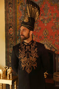 Black Zardozi Self-Silk Jamawar Sherwani (2-Piece) - Image 3