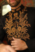 Black Zardozi Self-Silk Jamawar Sherwani (2-Piece) - Image 4