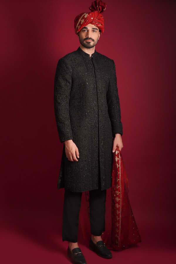 Jet Black Zardozi Embroidered Silk-Blend Sherwani (4-Piece) - Image 1