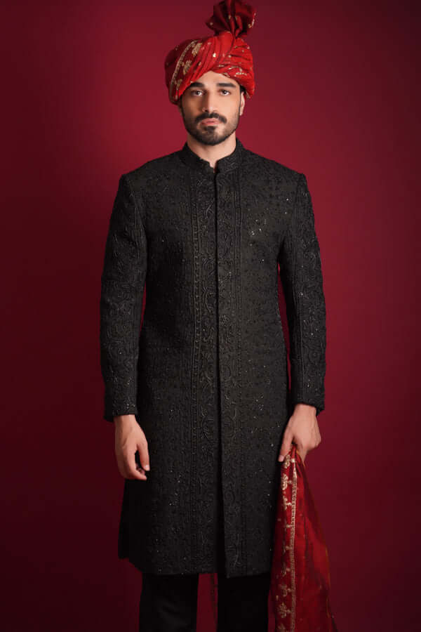 Jet Black Zardozi Embroidered Silk-Blend Sherwani (4-Piece) - Image 2