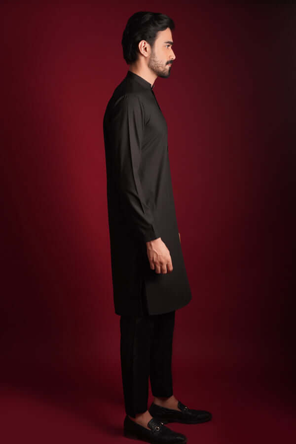 Jet Black Zardozi Embroidered Silk-Blend Sherwani (4-Piece) - Image 3