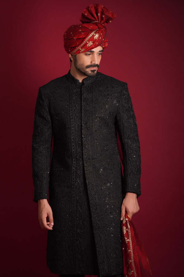 Jet Black Zardozi Embroidered Silk-Blend Sherwani (4-Piece) - Image 5