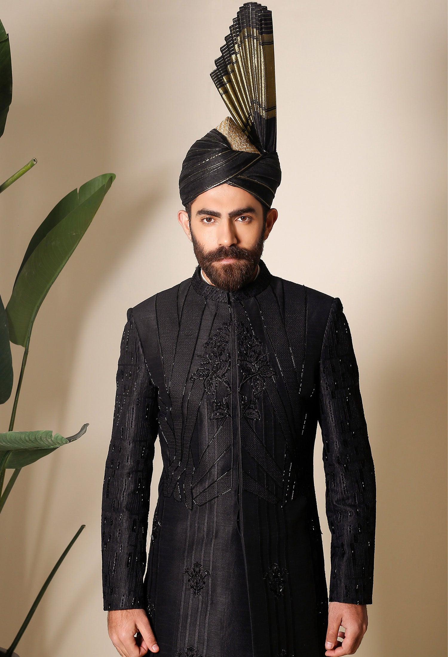 Black Embroidered Raw Silk Sherwani (2-Piece) - Image 1