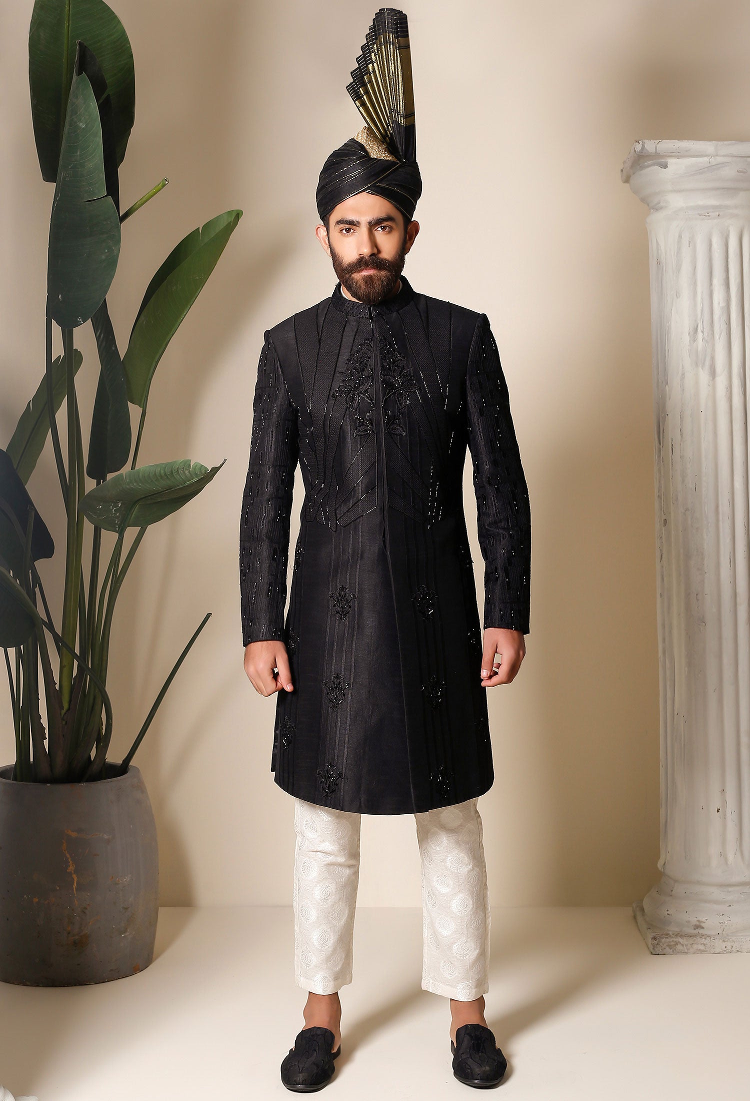 Black Embroidered Raw Silk Sherwani (2-Piece) - Image 2