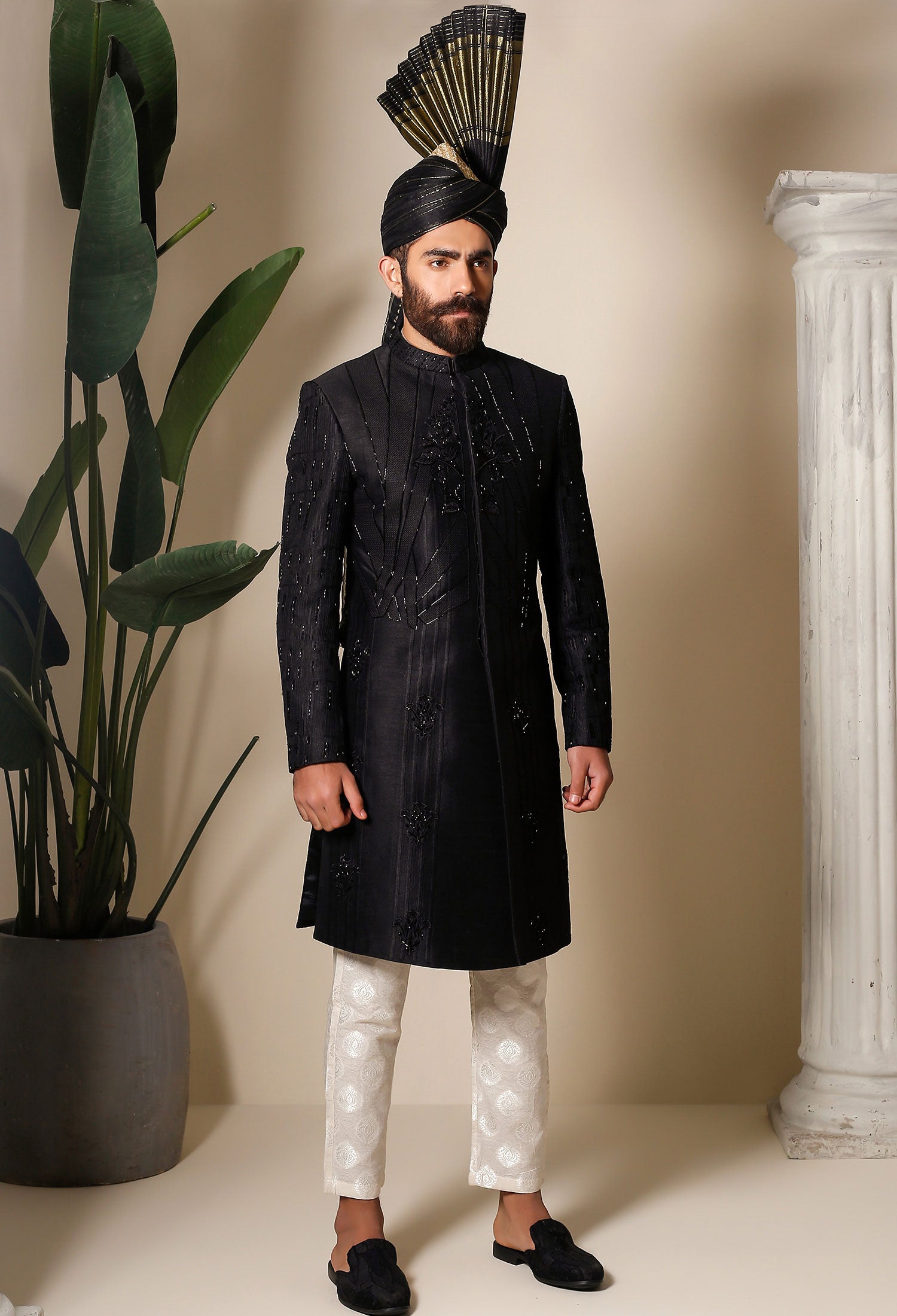 Black Embroidered Raw Silk Sherwani (2-Piece) - Image 3