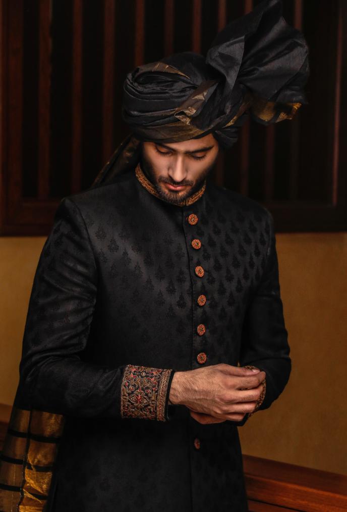 Deep Black Embroidered Raw Silk Sherwani (3-Piece) - Image 1