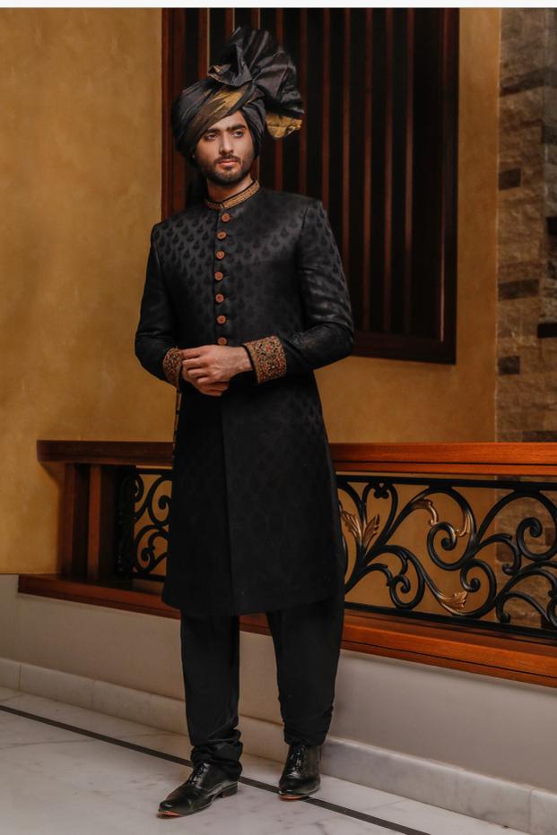Deep Black Embroidered Raw Silk Sherwani (3-Piece) - Image 3
