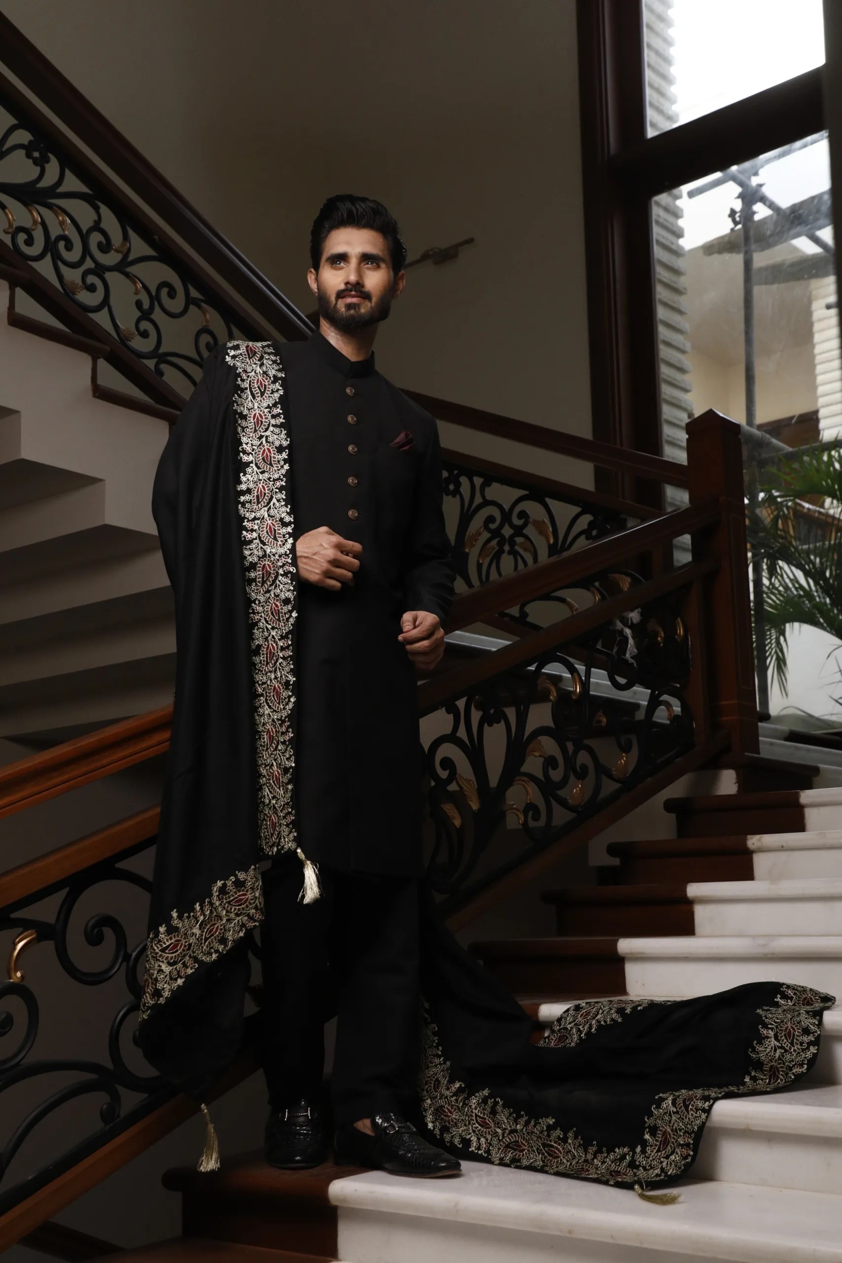 Black Hand-Embroidered Raw Silk Sherwani (3-Piece) - Image 1