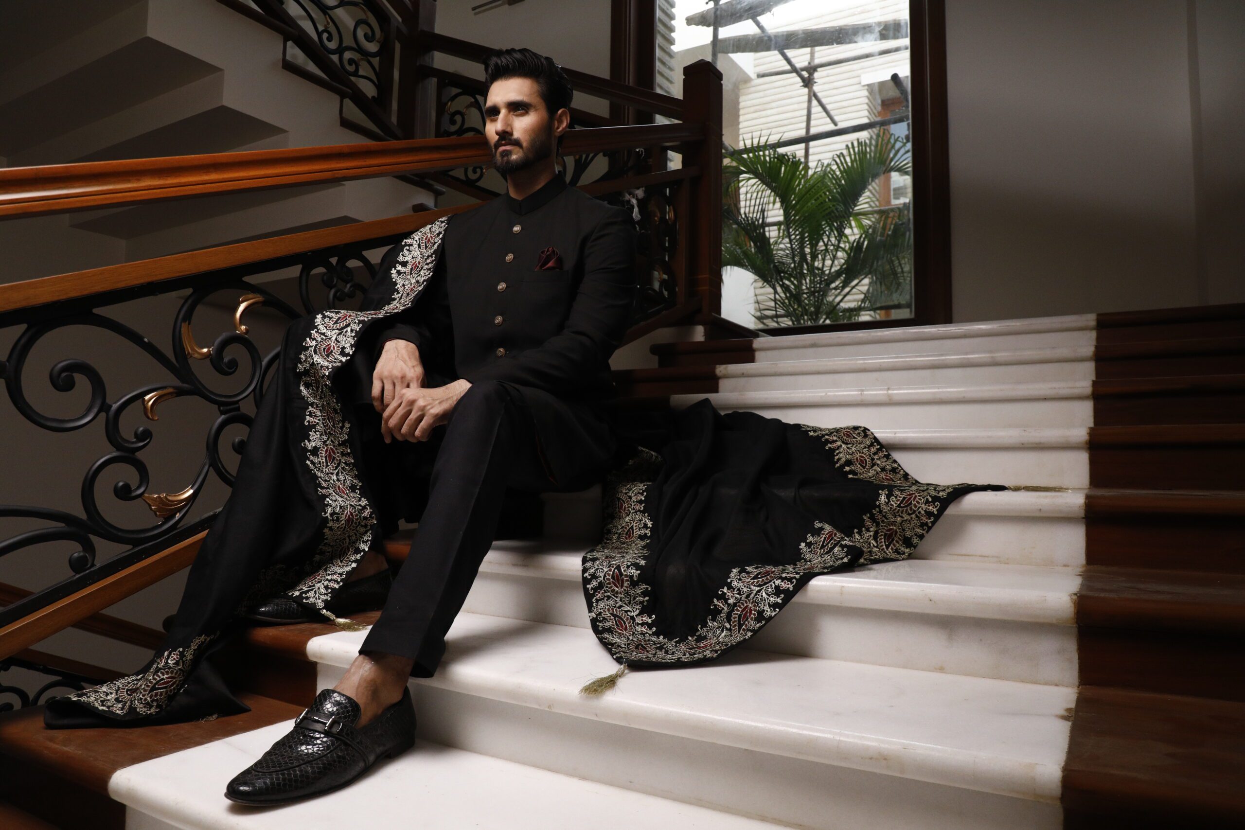 Black Hand-Embroidered Raw Silk Sherwani (3-Piece) - Image 2