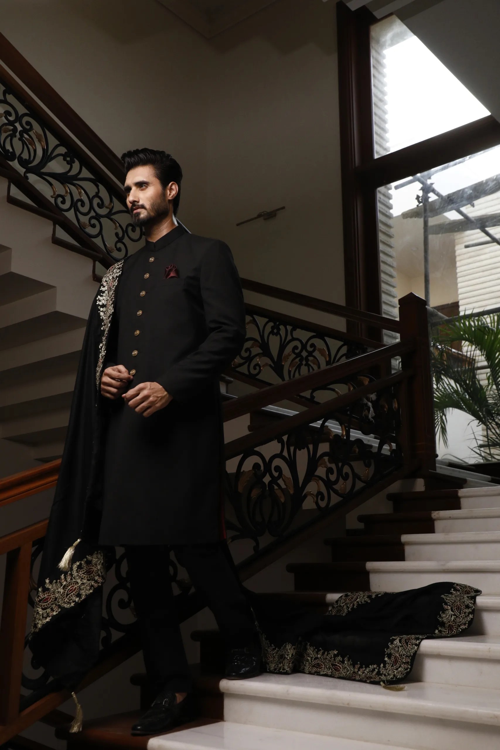 Black Hand-Embroidered Raw Silk Sherwani (3-Piece) - Image 4