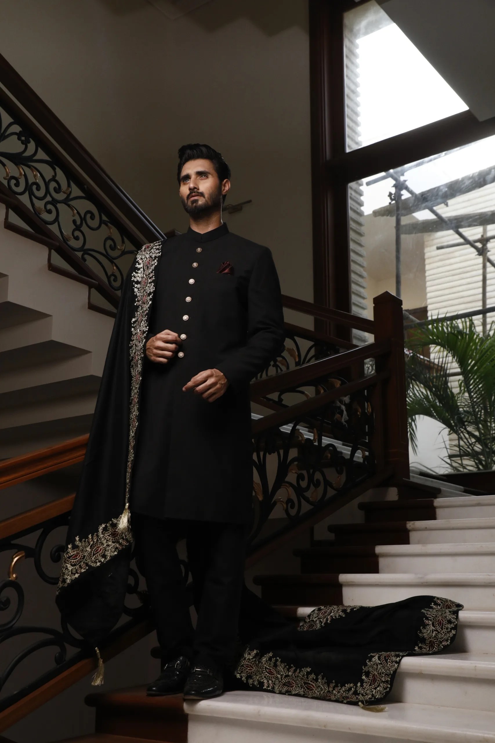 Black Hand-Embroidered Raw Silk Sherwani (3-Piece) - Image 5