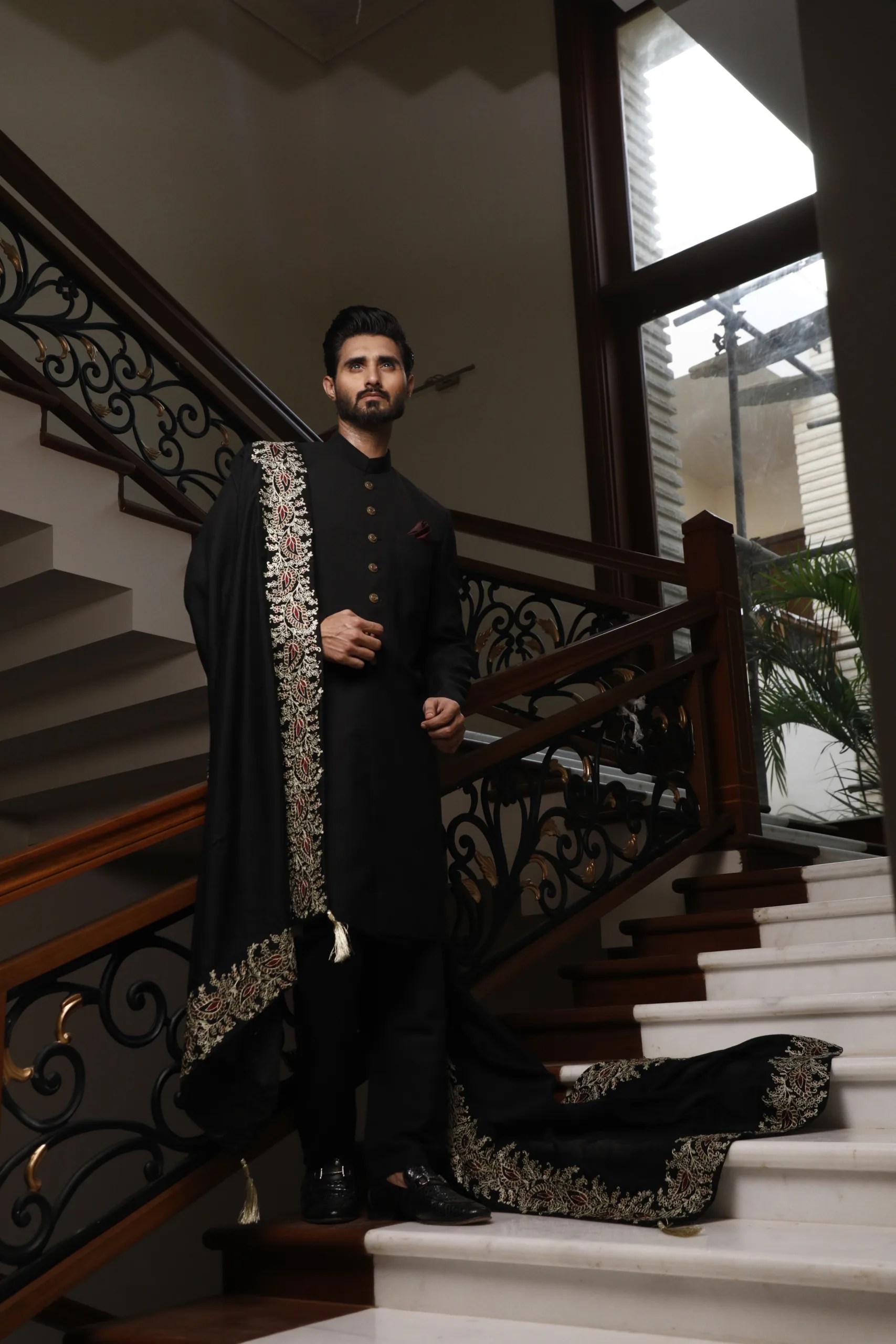 Black Hand-Embroidered Raw Silk Sherwani (3-Piece) - Image 6