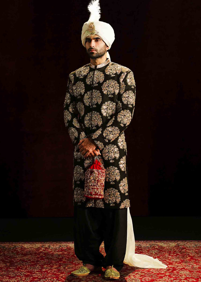 Black Embroidered Raw Silk Groom Sherwani (3-Piece) - Image 1