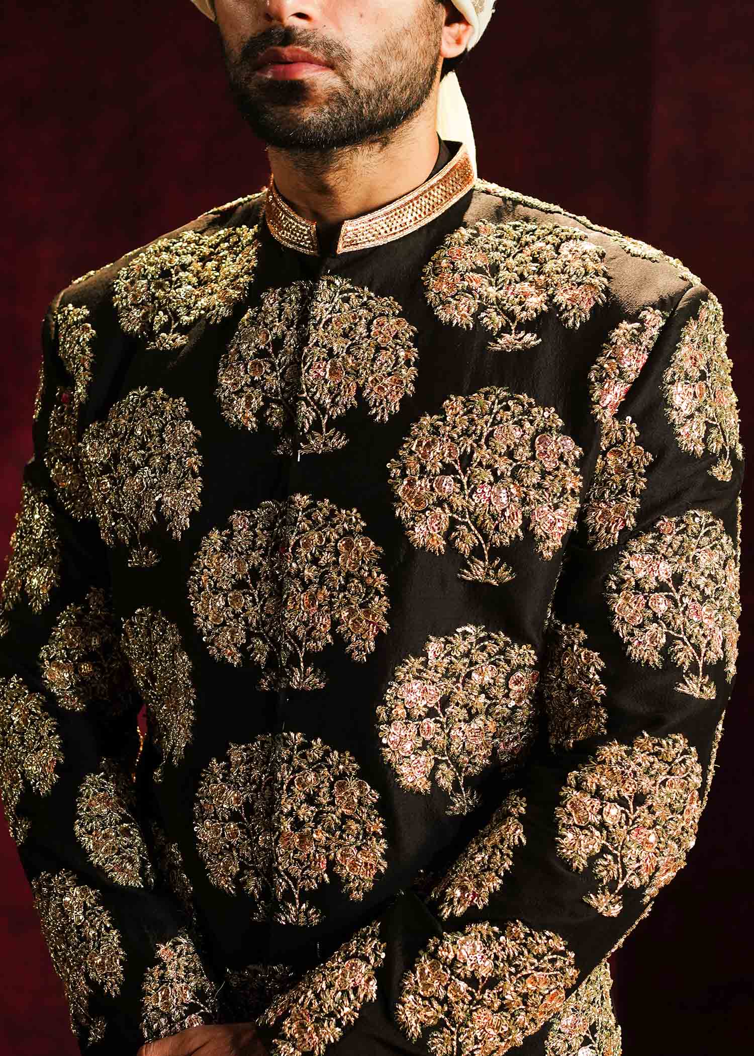 Black Embroidered Raw Silk Groom Sherwani (3-Piece) - Image 4